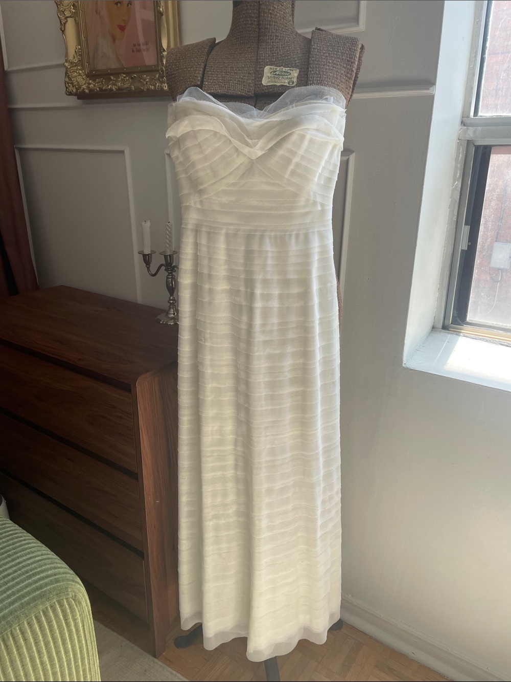 BCBGMaxAzria White Strapless Maxi Dress with Sheer Overlay